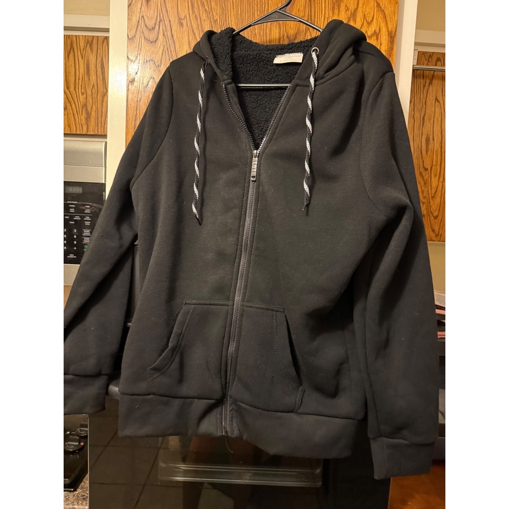 Bobbie Brooks Ladies Black Sherpa Lined Full Zip Hoodie SweatshirtLarge LOVE Zip